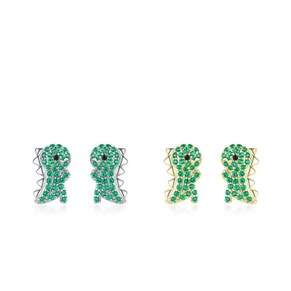 S925 Sterling Silver Sweet Cute Dinosaur Female Reen Zircon Earrings