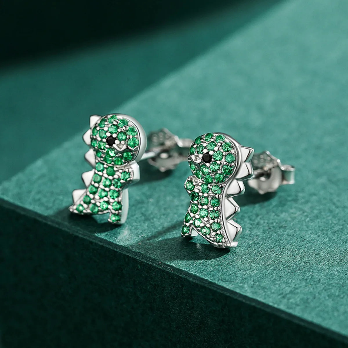 S925 Sterling Silver Sweet Cute Dinosaur Female Reen Zircon Earrings