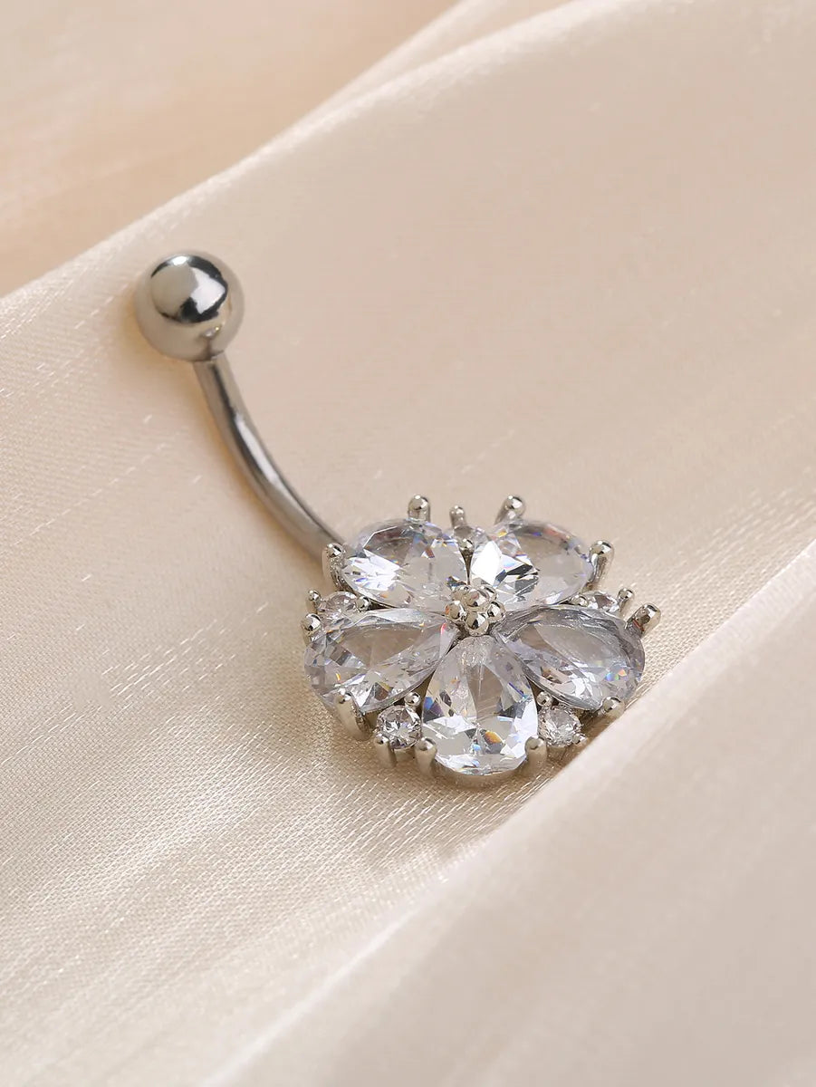 Sexy Flower Stainless Steel Diamond Rhinestone Belly Ring 1 Piece