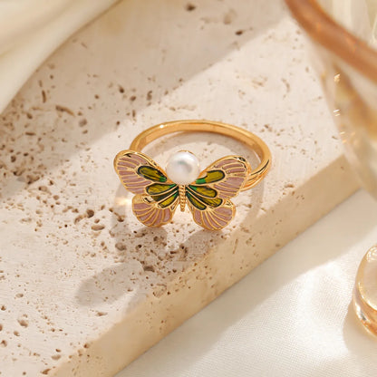 Shell Copper 18K Gold Plated Basic Simple Style Commute Enamel Inlay Butterfly Pearl Shell Zircon Open Rings