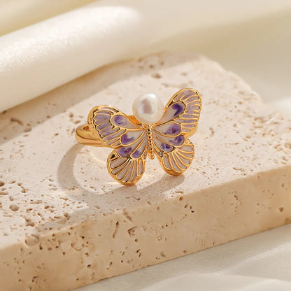 Shell Copper 18K Gold Plated Basic Simple Style Commute Enamel Inlay Butterfly Pearl Shell Zircon Open Rings