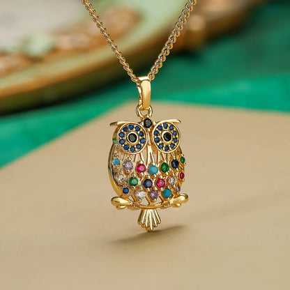 Shiny Bear Owl Butterfly Copper Plating Inlay Zircon 18k Gold Plated Pendant Necklace