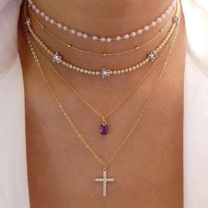 Shiny Cross Alloy Inlay Zircon Women'S Layered Necklaces