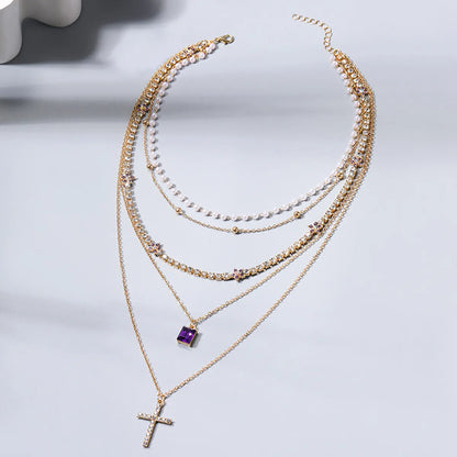 Shiny Cross Alloy Inlay Zircon Women'S Layered Necklaces