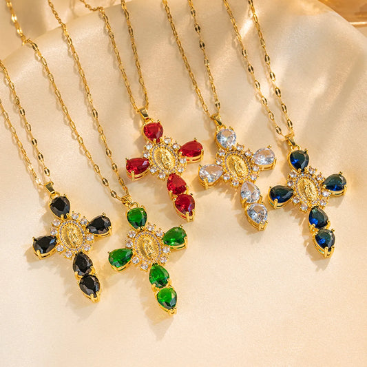 Shiny Cross Stainless Steel Plating Inlay Zircon 18k Gold Plated Pendant Necklace