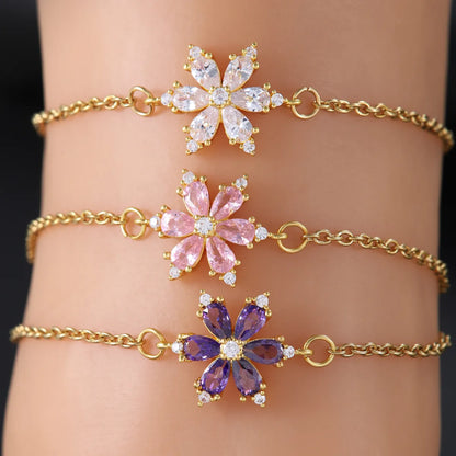 Shiny Flower 304 Stainless Steel Copper 18K Gold Plated Zircon Bracelets In Bulk