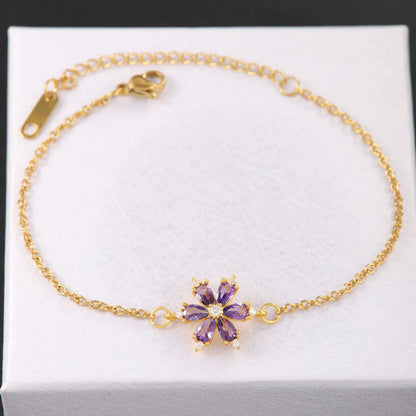 Shiny Flower 304 Stainless Steel Copper 18K Gold Plated Zircon Bracelets In Bulk