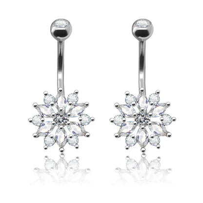 Shiny Flower Stainless Steel White Gold Plated Rhinestones Zircon Belly Ring In Bulk