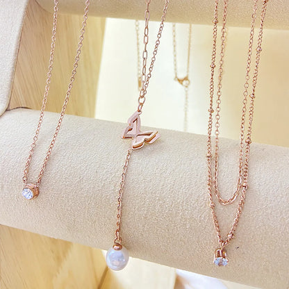 Shiny Heart Shape Bow Knot Rose Gold Plated White Gold Plated Gold Plated Rhinestones Pearl Stainless Steel Alloy Wholesale Pendant Necklace