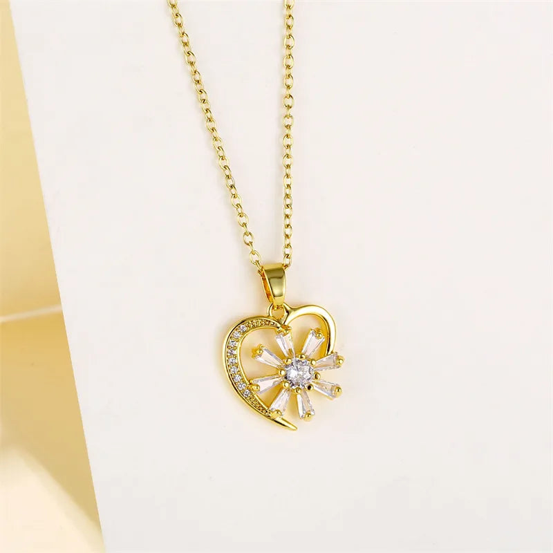 Shiny Heart Shape 201 Stainless Steel Brass Plating Inlay Zircon 18K Gold Plated Women'S Pendant Necklace