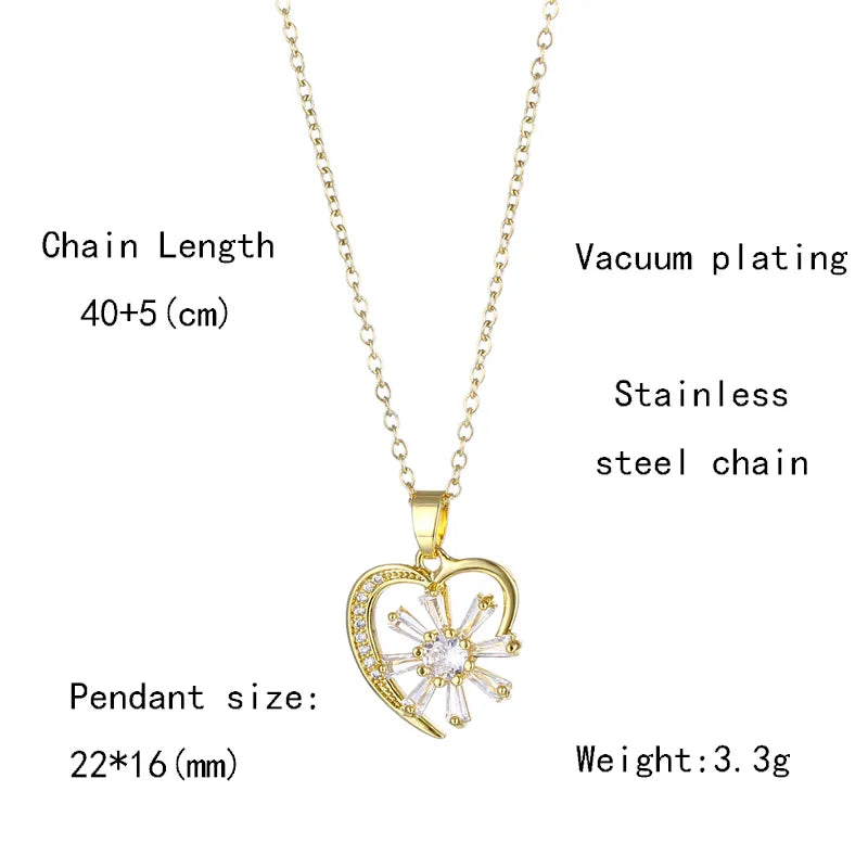 Shiny Heart Shape 201 Stainless Steel Brass Plating Inlay Zircon 18K Gold Plated Women'S Pendant Necklace