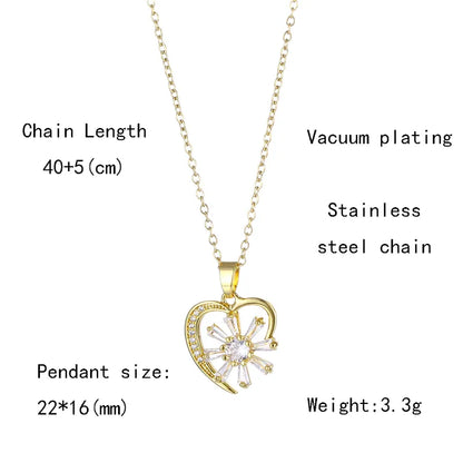 Shiny Heart Shape 201 Stainless Steel Brass Plating Inlay Zircon 18K Gold Plated Women'S Pendant Necklace