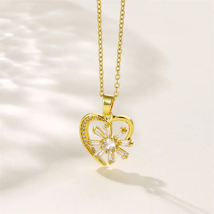 Shiny Heart Shape 201 Stainless Steel Brass Plating Inlay Zircon 18K Gold Plated Women'S Pendant Necklace