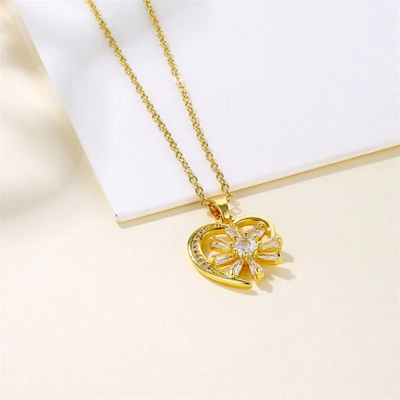 Shiny Heart Shape 201 Stainless Steel Brass Plating Inlay Zircon 18K Gold Plated Women'S Pendant Necklace