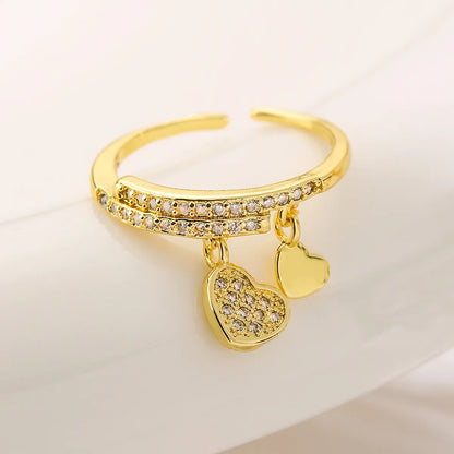 Shiny Heart Shape Lock Copper Plating Inlay Zircon 18k Gold Plated Charm Ring Open Ring