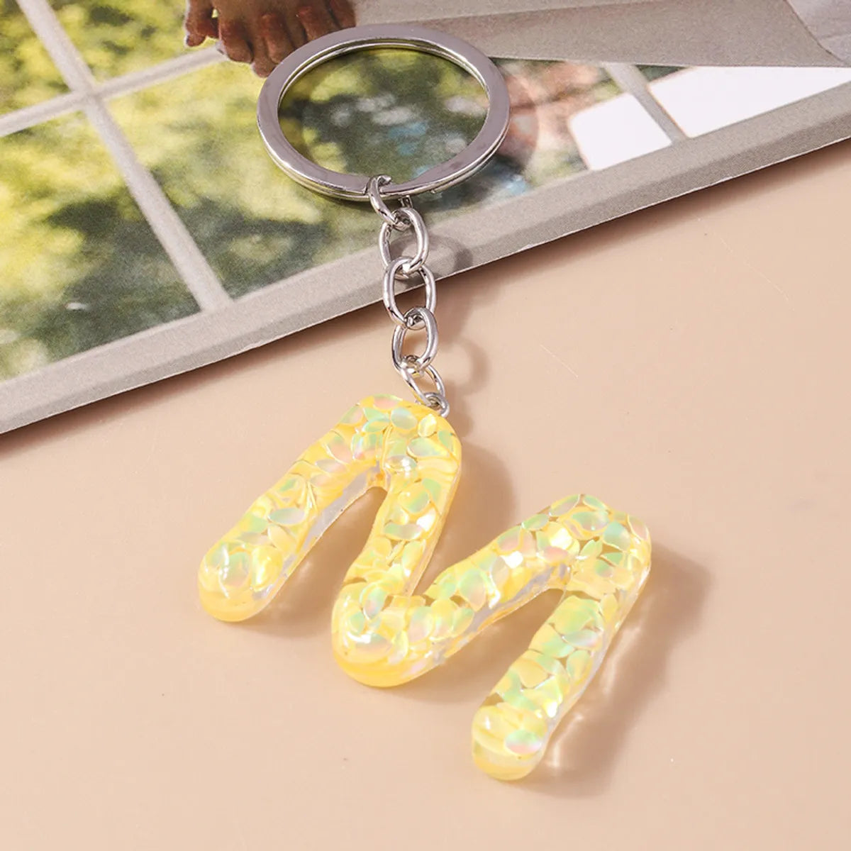 Shiny Letter Sequin Resin Zinc Alloy Bag Pendant Keychain