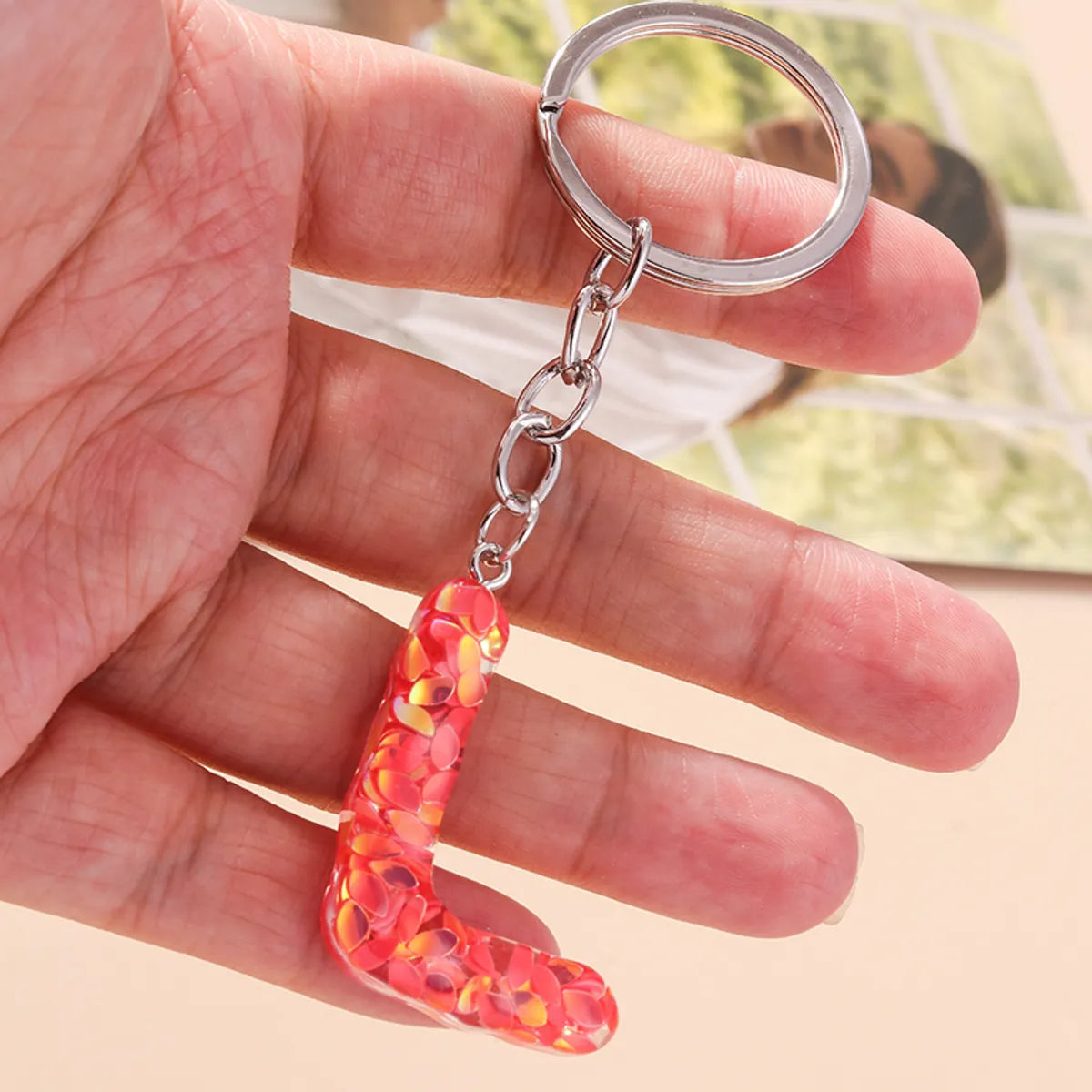 Shiny Letter Sequin Resin Zinc Alloy Bag Pendant Keychain