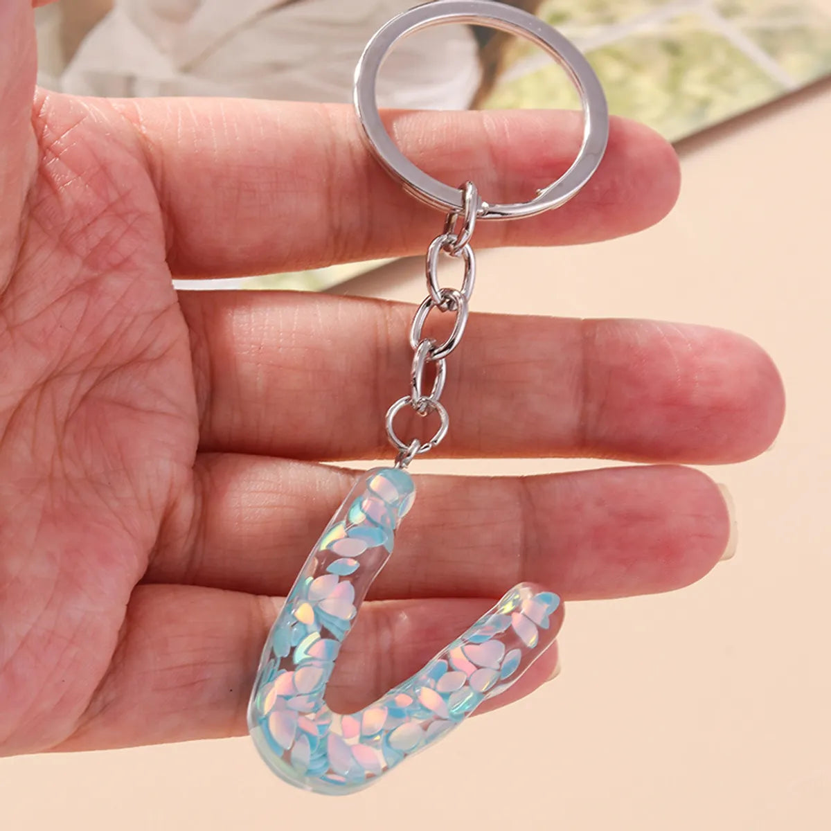 Shiny Letter Sequin Resin Zinc Alloy Bag Pendant Keychain