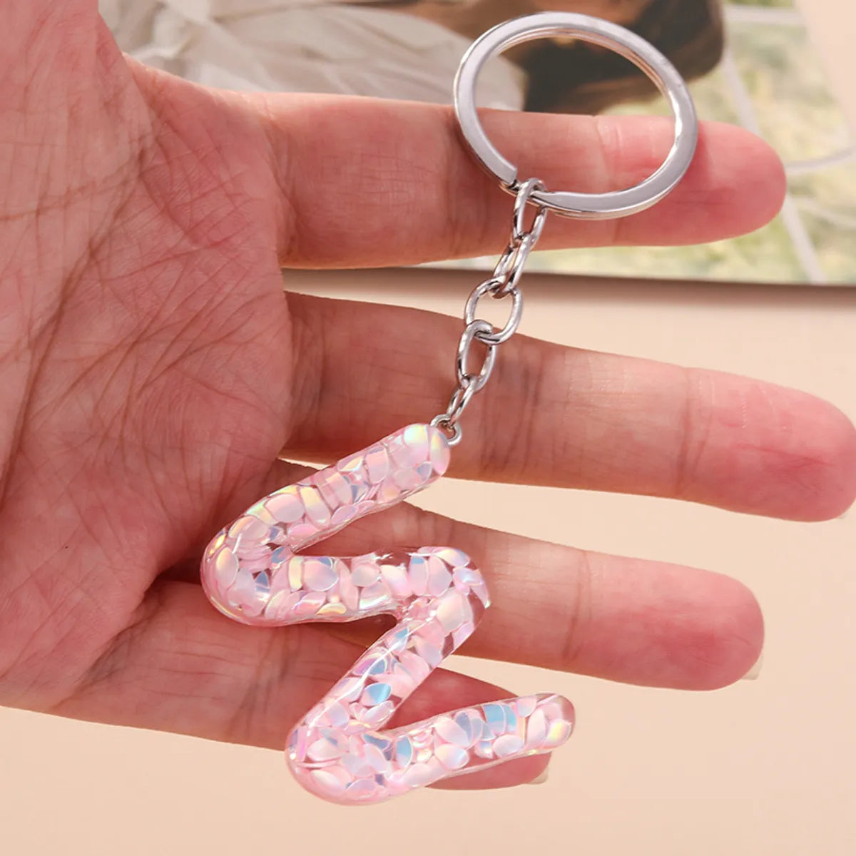 Shiny Letter Sequin Resin Zinc Alloy Bag Pendant Keychain