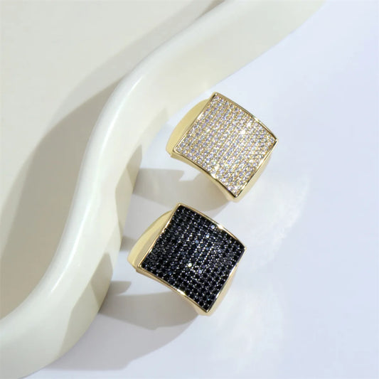 Shiny Square Copper Inlay Zircon Gold Plated Wide Band Ring Open Ring