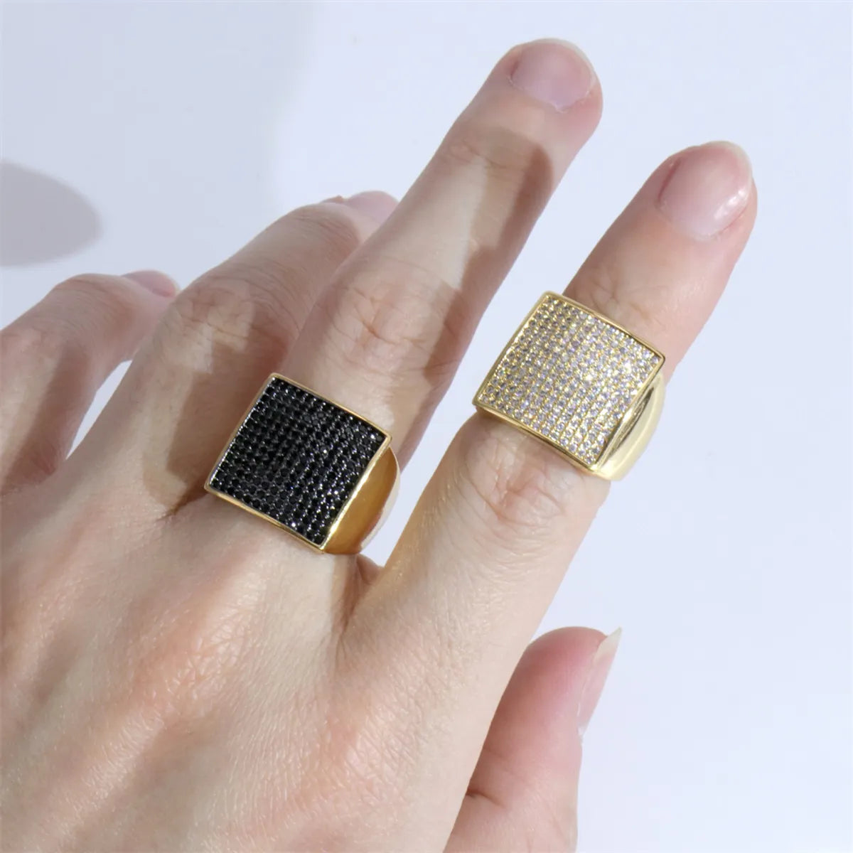 Shiny Square Copper Inlay Zircon Gold Plated Wide Band Ring Open Ring