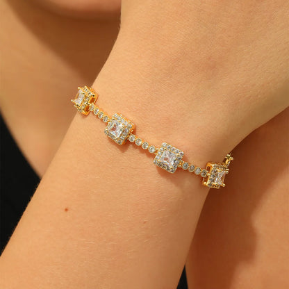 Shiny Square Copper Plating Inlay Zircon 18k Gold Plated Bracelets