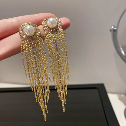 Shiny Tassel Alloy Inlay Rhinestones Pearl Women's Drop Earrings