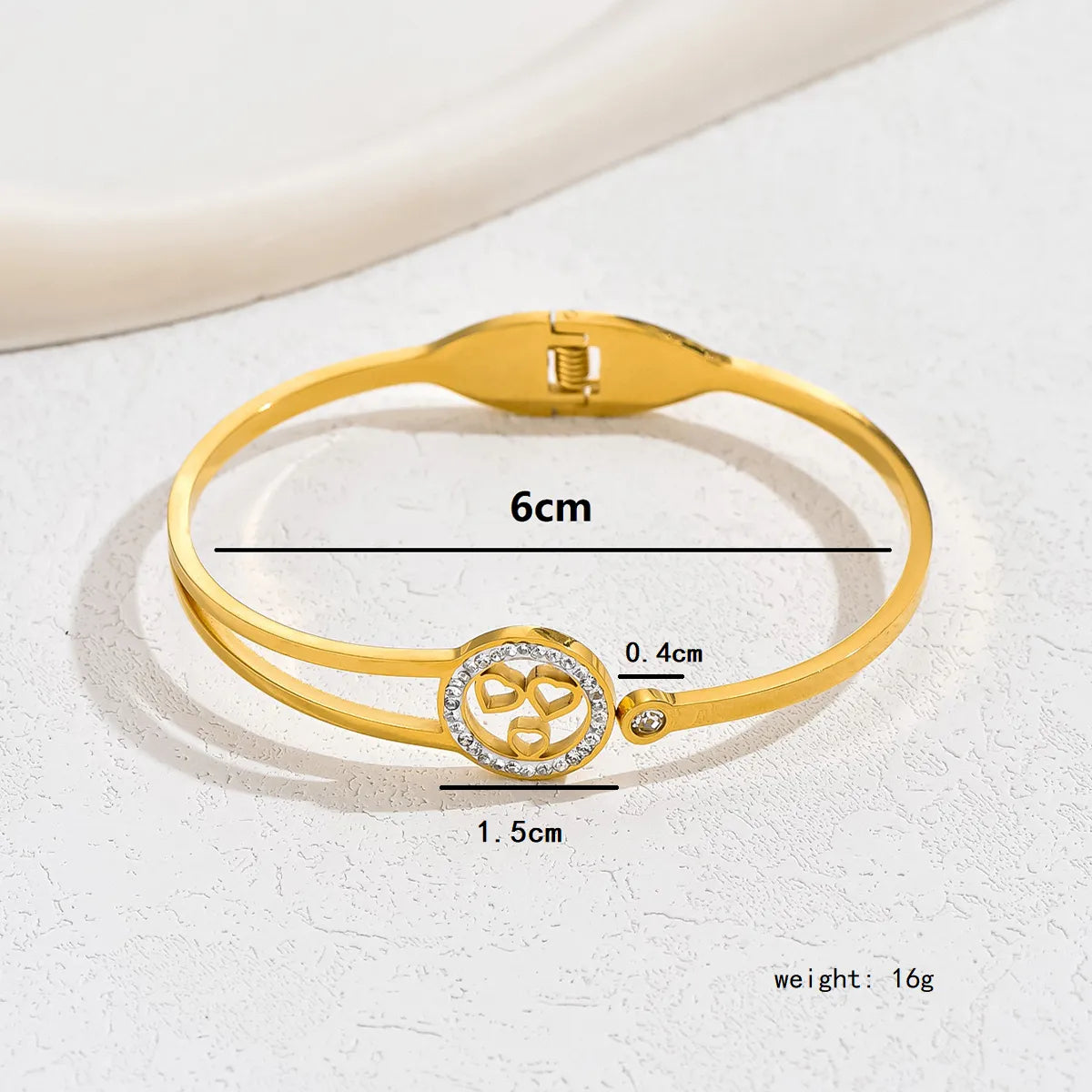 Shiny Tree Heart Shape Stainless Steel Asymmetrical Plating Inlay Rhinestones 18k Gold Plated Bangle