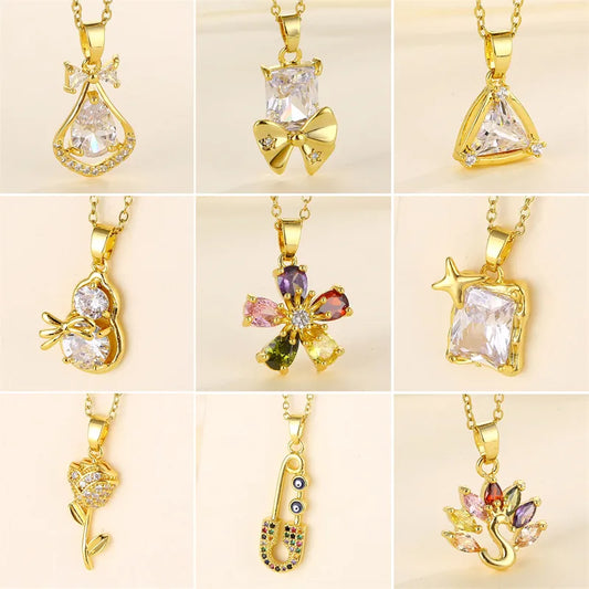 Shiny Tree Water Droplets Flower 201 Stainless Steel Brass Plating Inlay Zircon 18K Gold Plated Women'S Pendant Necklace