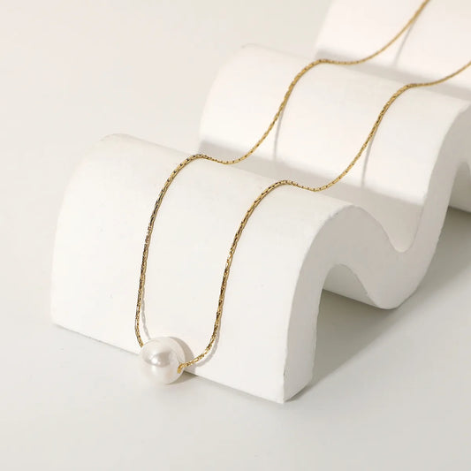 Simple 14k Stainless Steel Single Pearl Pendant Necklace