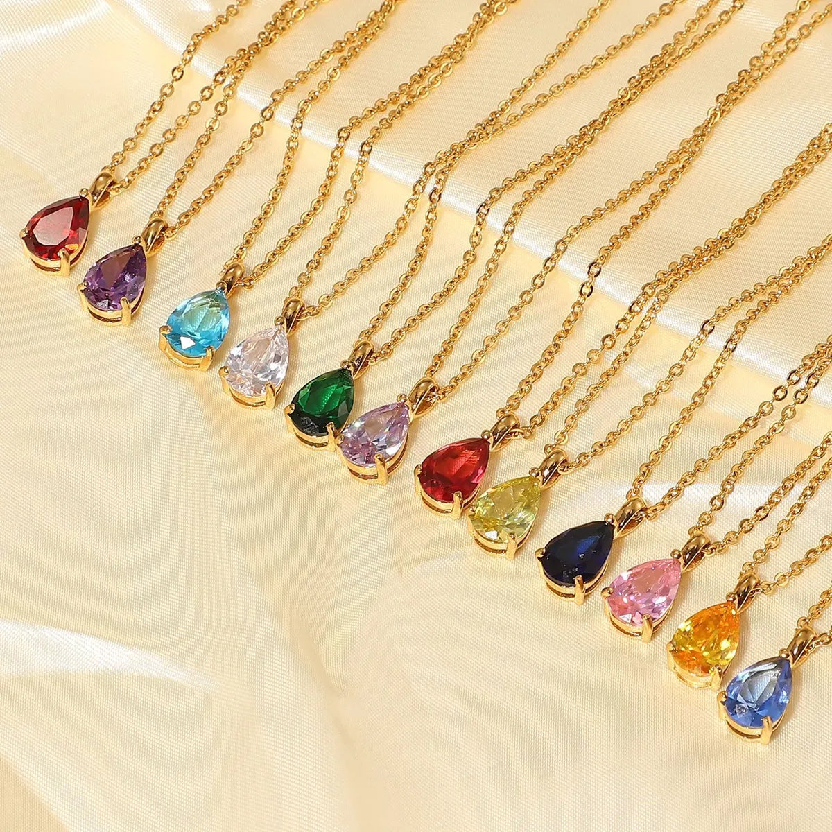 Simple 18k Gold-plated Color Zircon Stainless Steel Drop-shaped Pendant Necklace