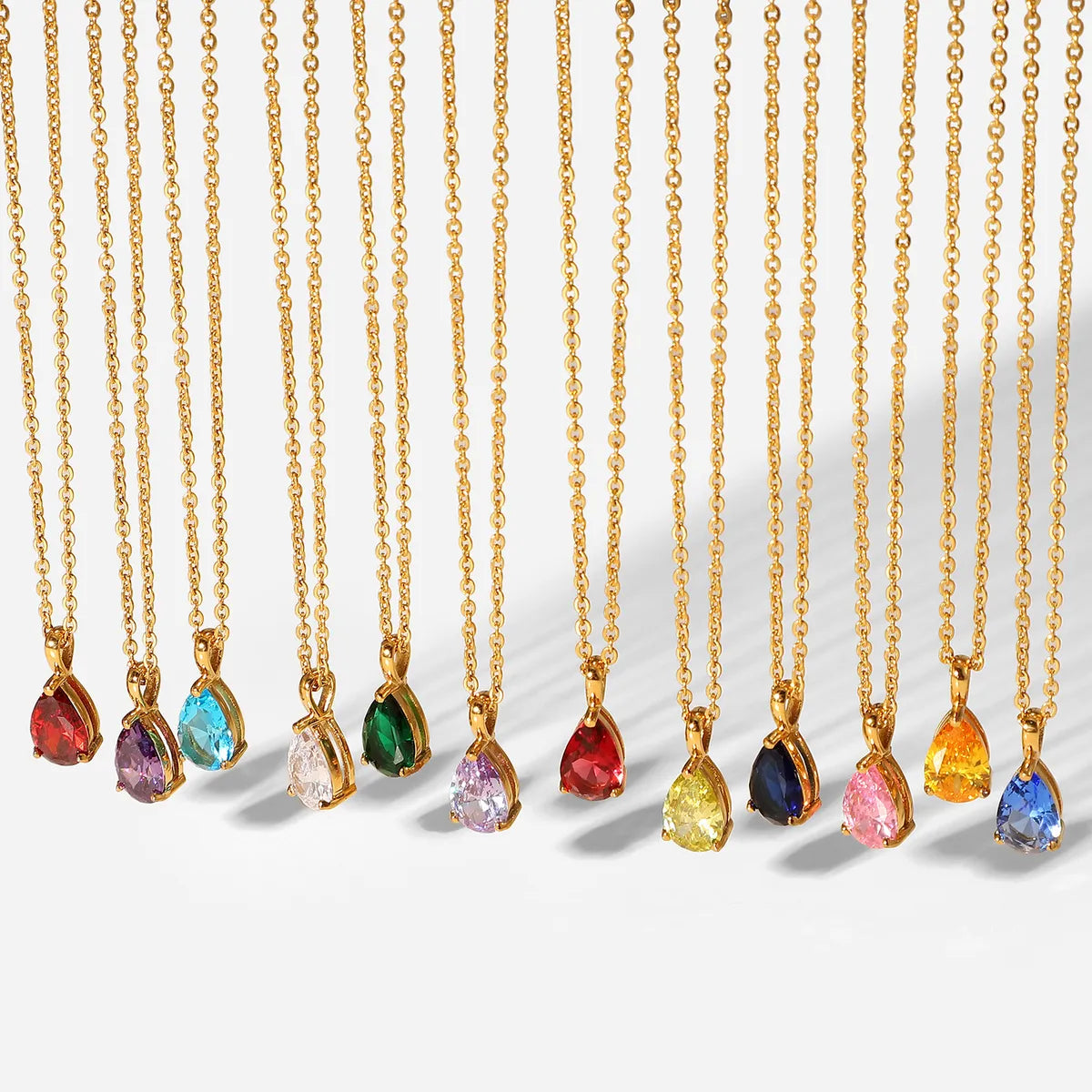 Simple 18k Gold-plated Color Zircon Stainless Steel Drop-shaped Pendant Necklace