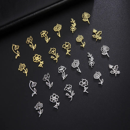 Simple 18k Real Gold Plating Non-fading Ten Birthday Month Flower 304 Material Diy Stainless Steel Pendant