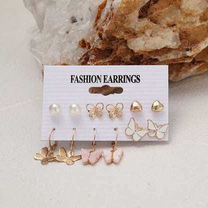 Independent Station Earrings Set Cross-Border Acrylic Butterfly Earrings Set 6 Pairs Creative Simple Pink Crystal Earrings