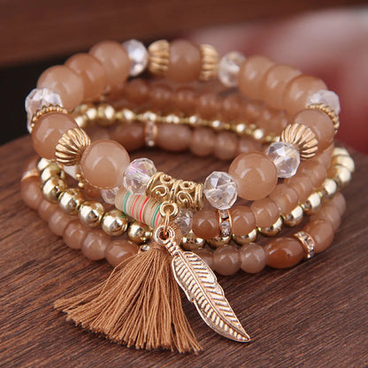 Simple And Colorful Acrylic Beads Fringed Leaf Pendant Multilayer Fashion Bracelet