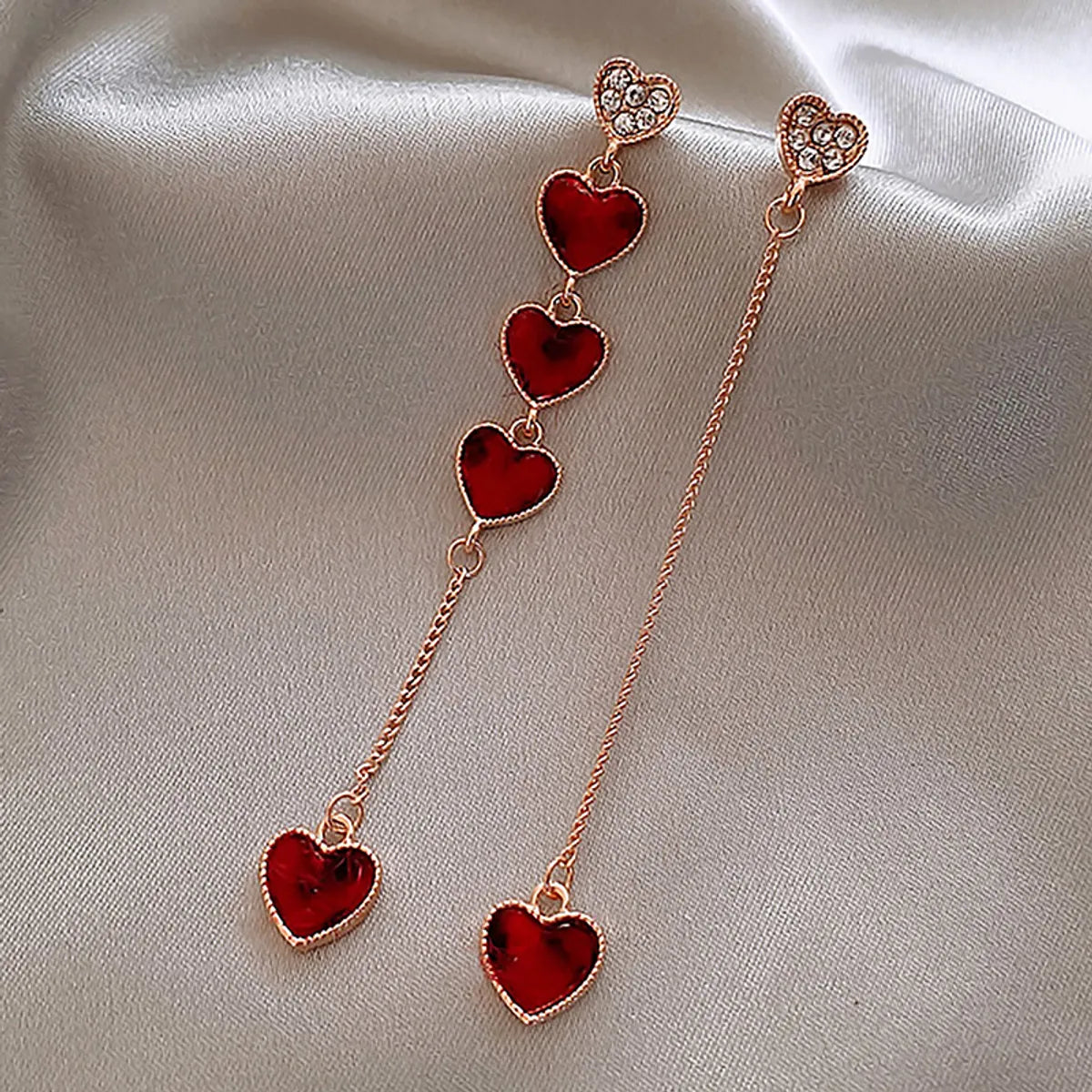 Simple Asymmetric Set With Rhinestones Red Heart Chain Earrings Wholesale