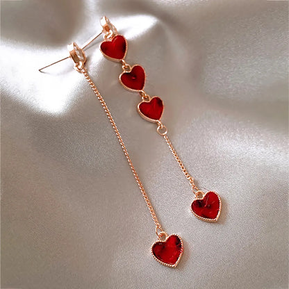 Simple Asymmetric Set With Rhinestones Red Heart Chain Earrings Wholesale