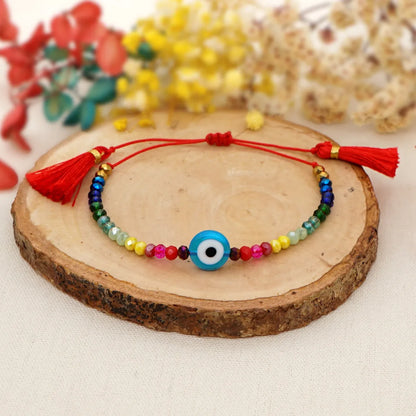 Simple Bohemian Ethnic Style Colored Glaze Blue Eye Beads Rainbow Crystal Beaded Tassel Couple Small Bracelet