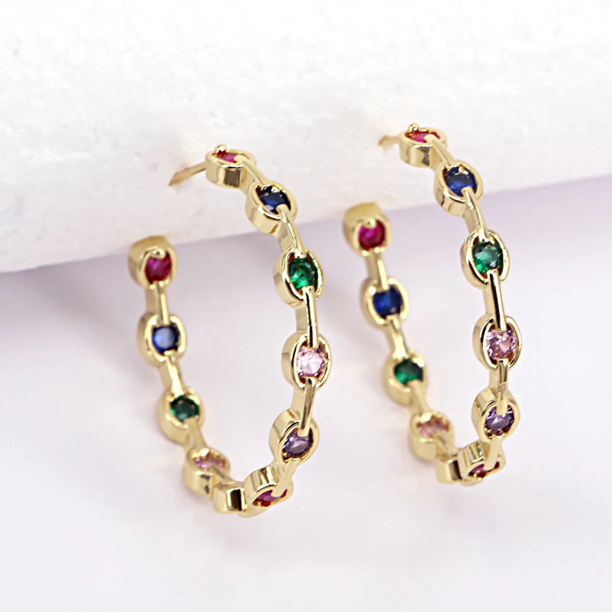 Simple C-shaped Circle Copper Gold-plated Color Zircon Earrings