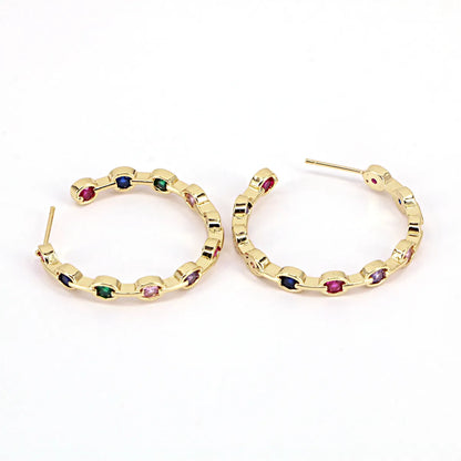 Simple C-shaped Circle Copper Gold-plated Color Zircon Earrings