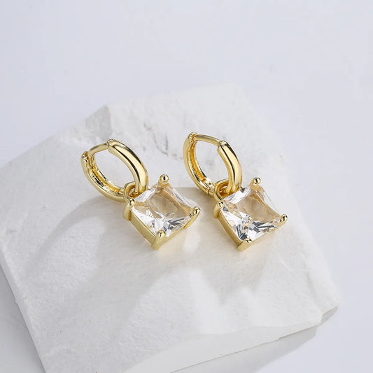 Simple Copper 18k Gold Plated Geometric Square Zircon Earrings