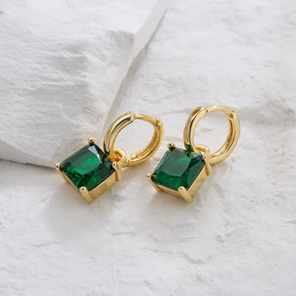 Simple Copper 18k Gold Plated Geometric Square Zircon Earrings