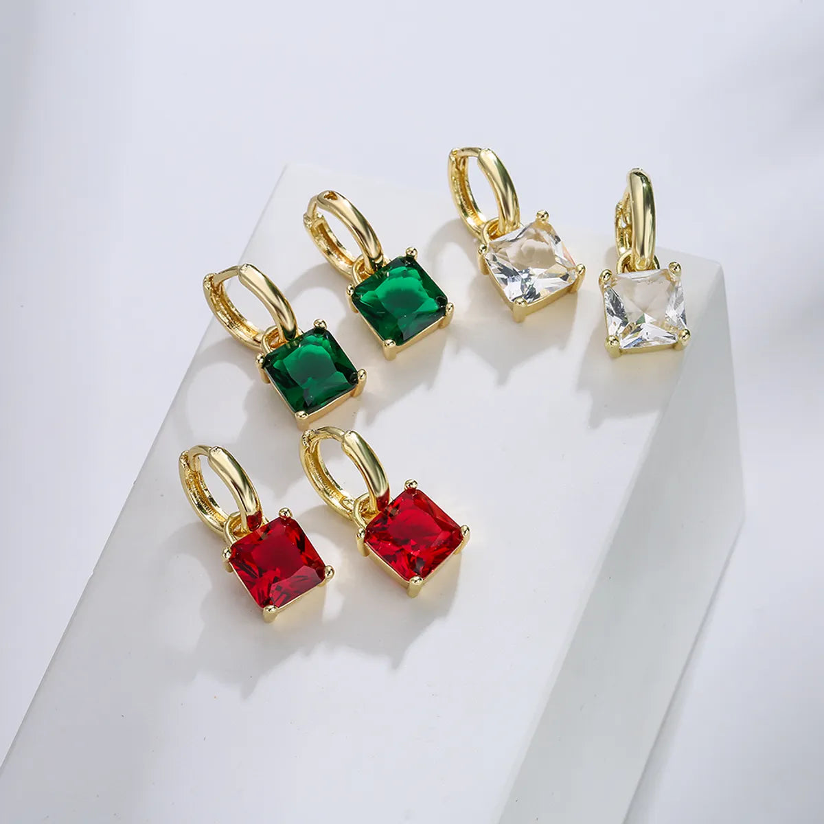 Simple Copper 18k Gold Plated Geometric Square Zircon Earrings