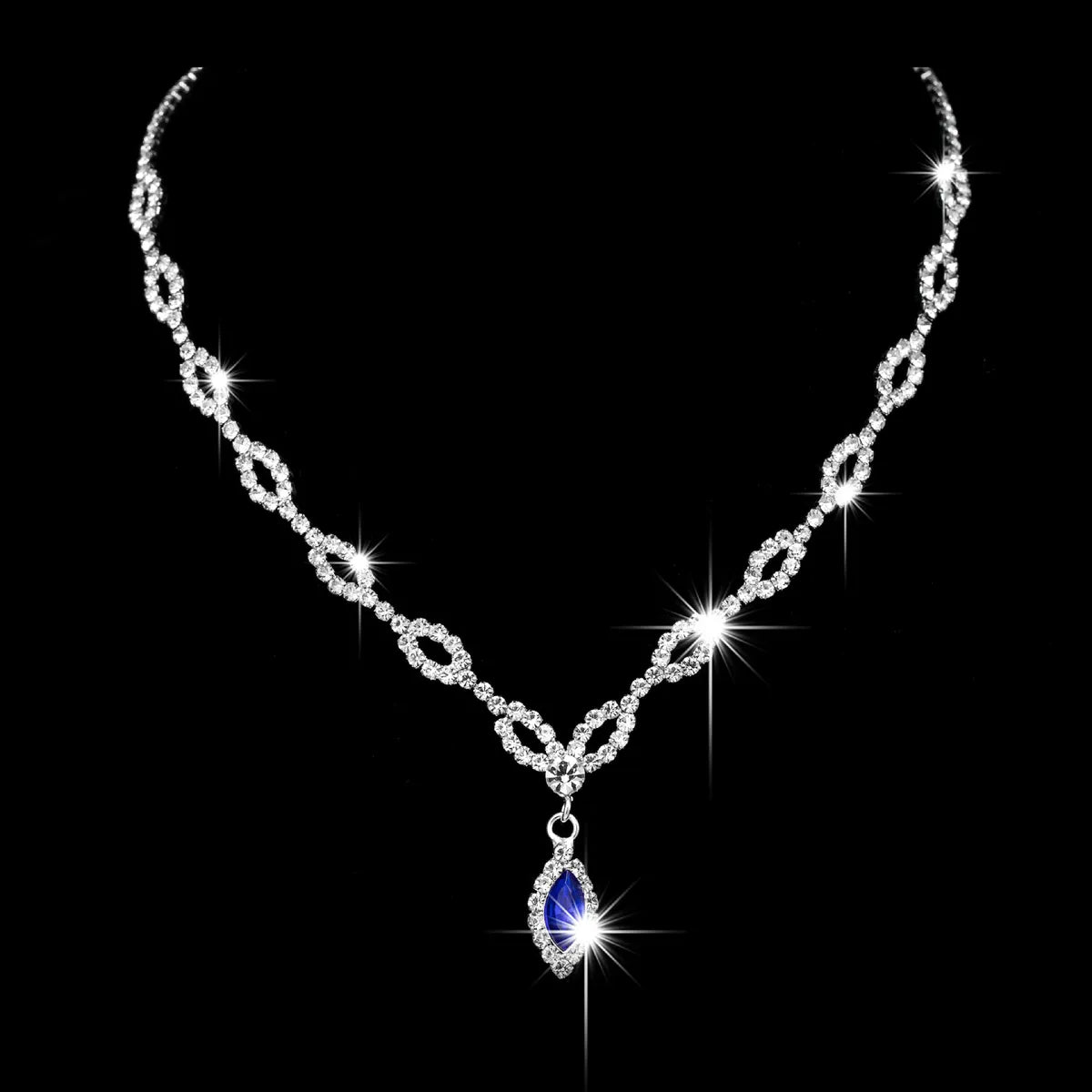 Simple Copper Claw Chain Rhinestone Royal Blue Horse Eye Earrings Necklace Set