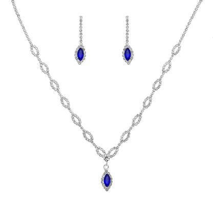 Simple Copper Claw Chain Rhinestone Royal Blue Horse Eye Earrings Necklace Set