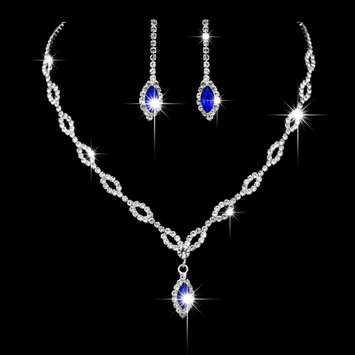 Simple Copper Claw Chain Rhinestone Royal Blue Horse Eye Earrings Necklace Set