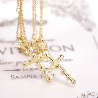 Simple Copper Gold-Plated Inlaid Zircon Cross Pearl Pendant Necklace Wholesale