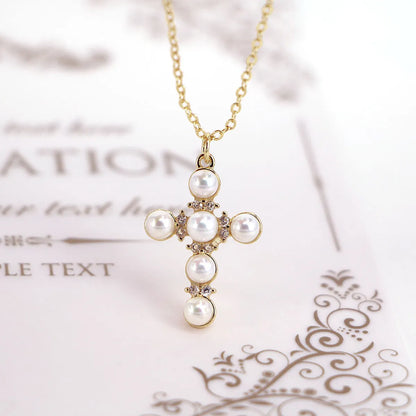 Simple Copper Gold-Plated Inlaid Zircon Cross Pearl Pendant Necklace Wholesale