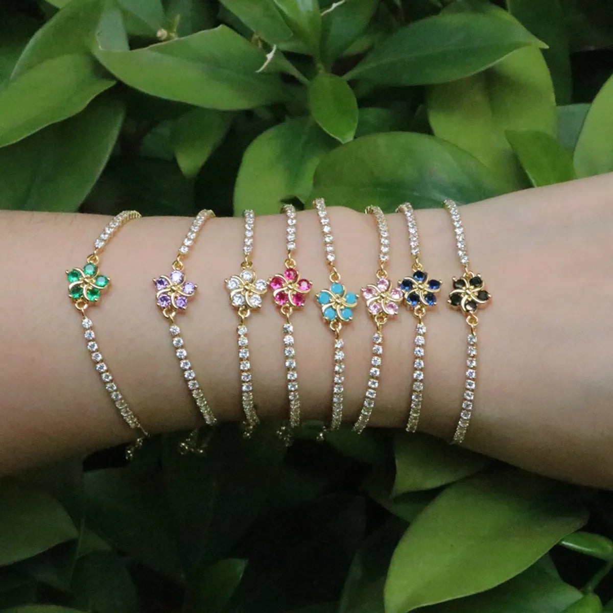 Simple Copper Micro-Inlaid Zircon Colorful Flower Adjustable Bracelet