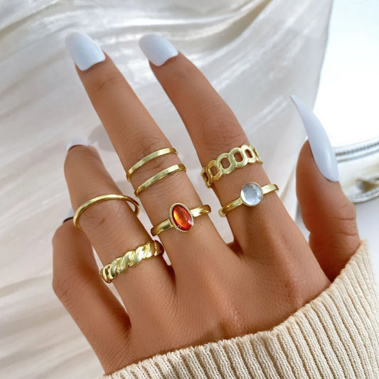 Simple Creative Artificial Gem Inlaid Gold Sliver Metal Open Ring 6-piece Set